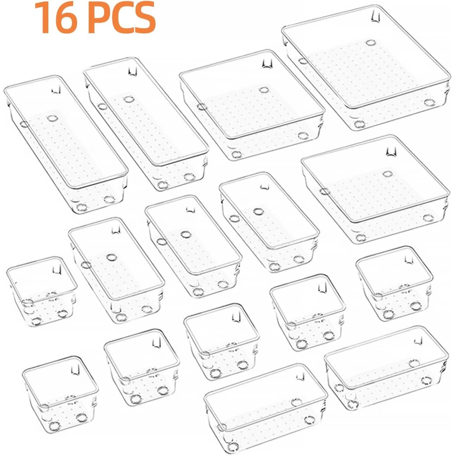 YumLock Drawer Organizer Set, 16-Piece Acrylic Storage Bins - Multi-Sized Bathroom & Vanity Trays for Makeup, Jewelry, Socks & Bras - Durable, Stackable & Non-Slip Organizers, Clear