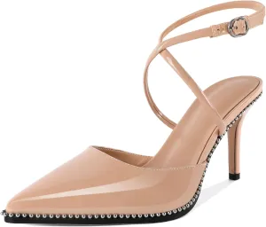 Zamikoo Sling Back High Heels Women Beaded Pointed Toe Crisscross Ankle Strap Stilettos Women Pumps