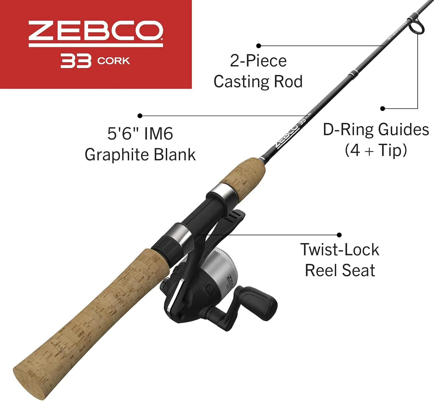 Zebco 33 Cork Reel and Fishing Rod Combo, Graphite Rod with Cork Handle, QuickSet Anti-Reverse Fishing Reel with Bite Alert, Black