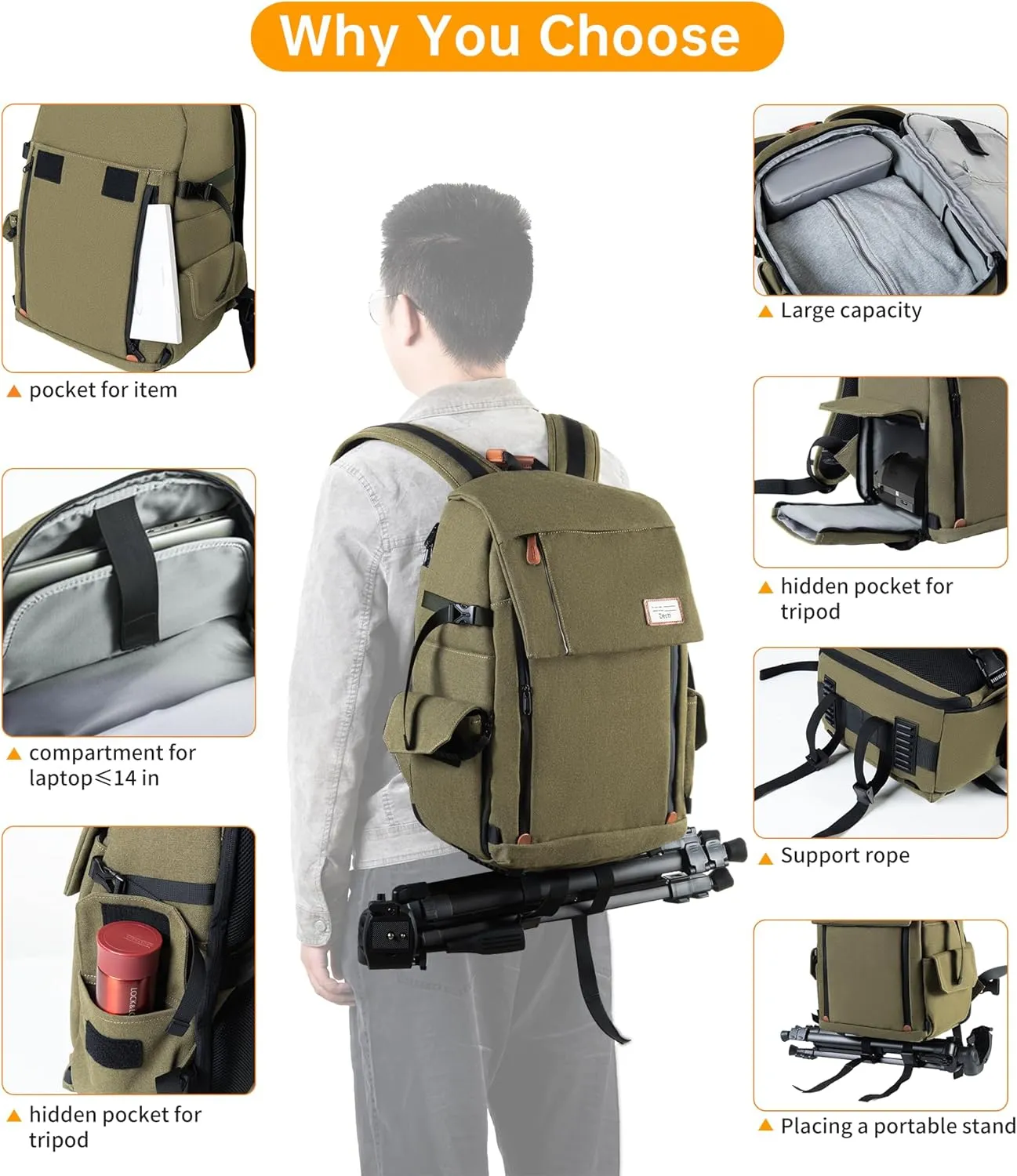 Zecti Camera Backpack 17" for Photography DSLR/SLR/Mirrorless Camera Bag Waterproof with Tripod Holder & Removable Modular Inserts & Rain Cover with Canon, Nikon, Sony