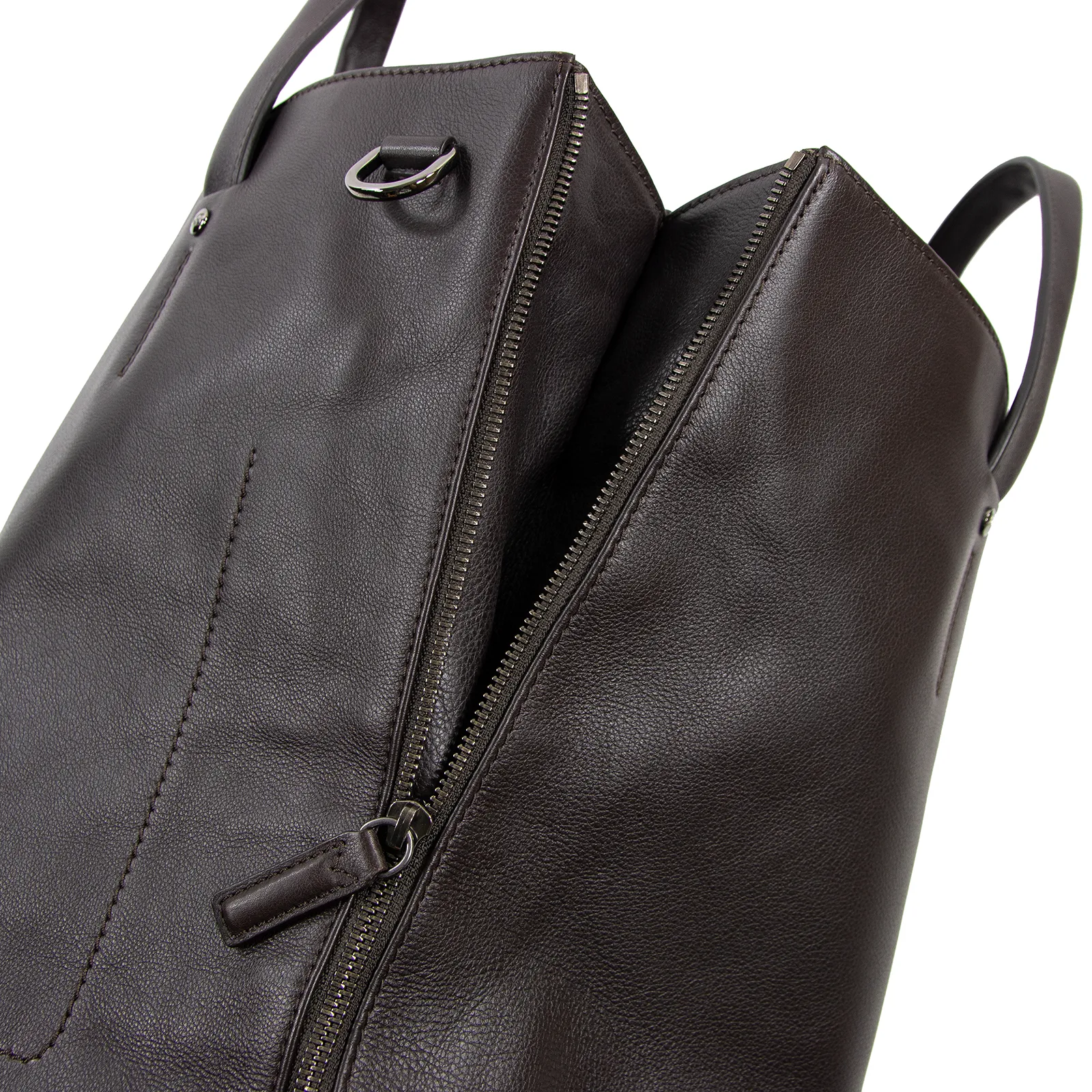Zegna Brown Calfskin Grain Leather Multi-Pocket Office Laptop Zip Up Tote Bag